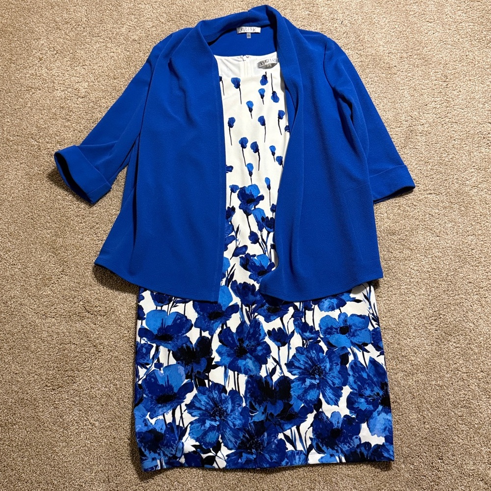 Kasper Royal Blue & White Floral Dress & Cardigan Jacket